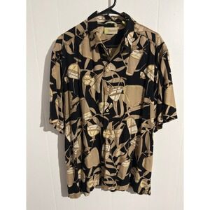 Cubavera Mens Large Cocktail Tropical Print Button Down Shirt Black Tan Cool L